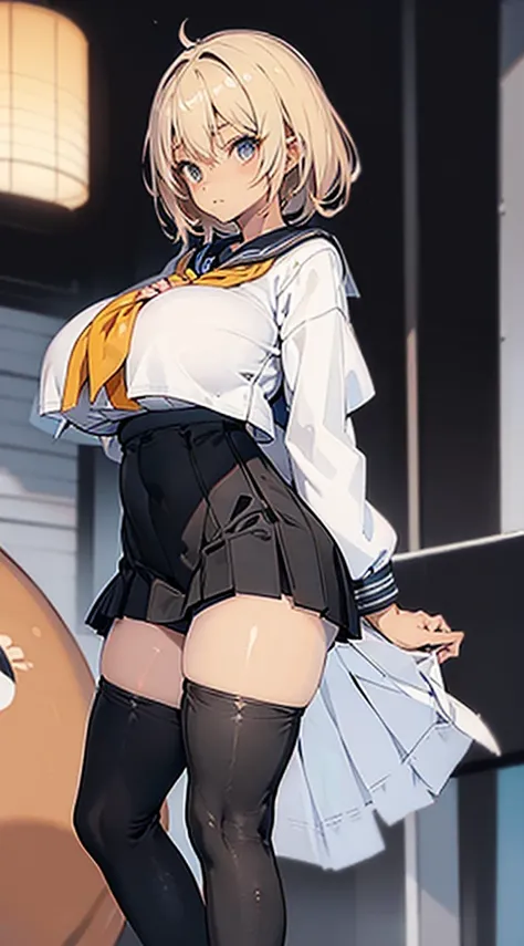 Anime Girl 、((skin tanned:1.8))、Full Shot, ultra-detailliert, Beautiful, masutepiece, Best Quality, detailed beautiful round eyes, beautiful and detailed face, a blond、Long, (Huge breasts,Narrow waist:1.4), Young Woman, ((despise))、((a sailor suit))，((Blac...