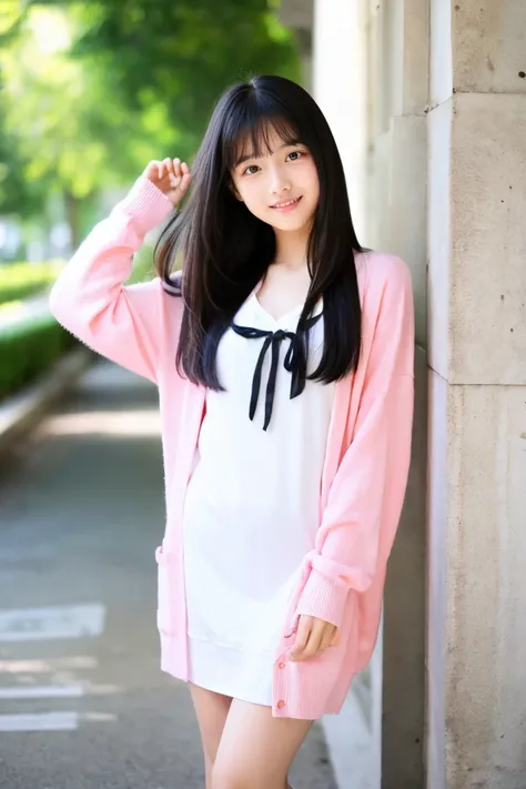 early summer、a beauty girl、15yo student、Open your mouth a little、Black hair straight long hair、White summer dress、light pink summer cardigan、