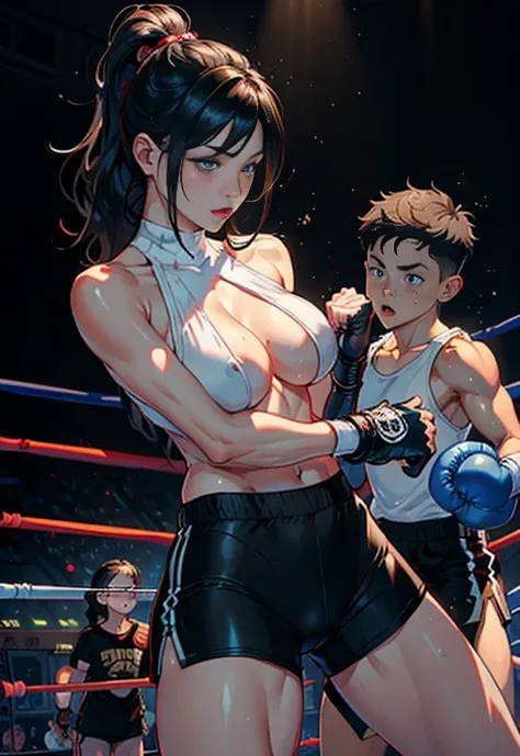 sexy MOM and Son couple having  into the ring, (original) ,  mom busty and tall perfect legs perfect ass,  (very detailed wallpaper) , (best quality) , (masterpiece) , photographic reality, realistic, very detailed illustrations, (1 MILF with 1 young boy h...