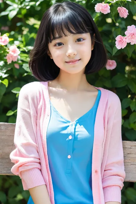 early summer、a beauty girl、14years、Open your mouth a little、black hair shorthair、blue straight summer dress、light pink summer cardigan、