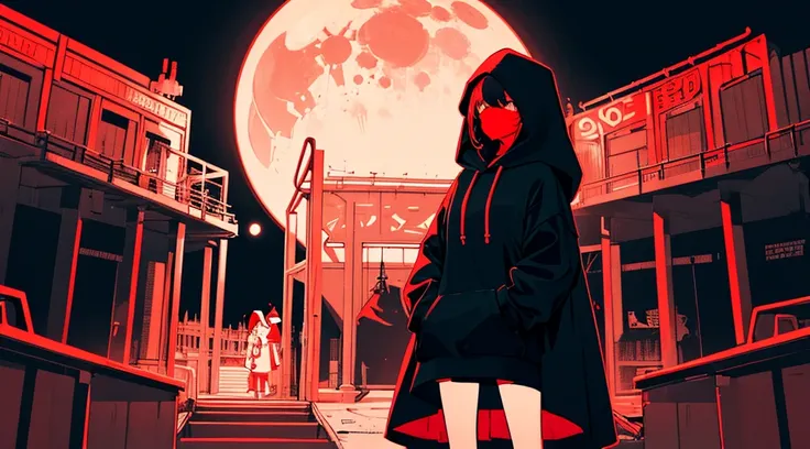 (a girl wearing a hood and a mask, big black hoodie, hands on hoodie, bare legs), (abandoned amusement park, late night, red moon), (low contrast, flat color, limited palette)