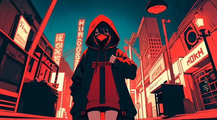 (a girl wearing a hood and a mask, big black hoodie, hands on hoodie, bare legs), (abandoned amusement park, late night, red moon), (low contrast, flat color, limited palette)