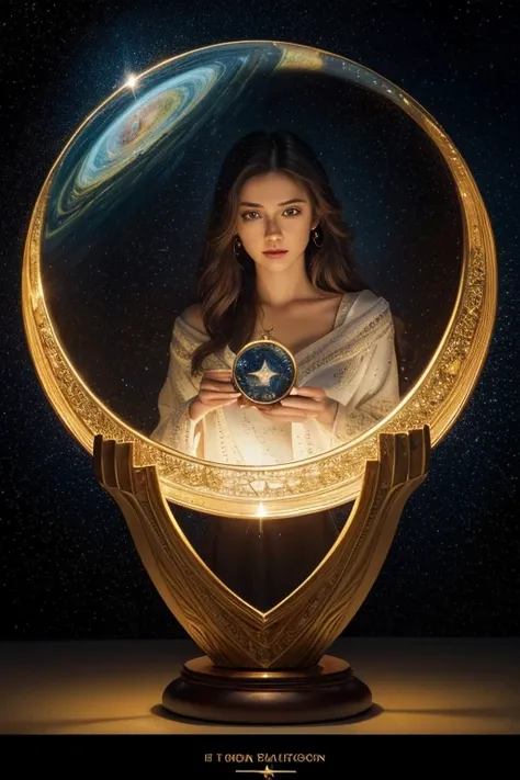 Artwork, surrealism, highly detailed, intricate details, oil painting, best quality, cosmic, starry, a woman holding a two-plate scale, pound sign concept, golden ratio, beautiful, cosmic concept, 8k, cinematic light, starry background, vibrant colors, UHD...