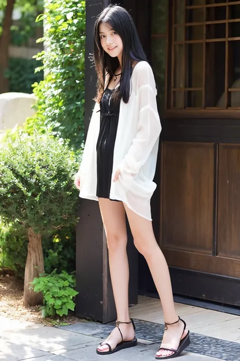 early summer、a beauty girl、sixteen years old、Open your mouth a little、Black hair straight long hair、Black Summer Dresses、sheer summer cardigan、White sandals、