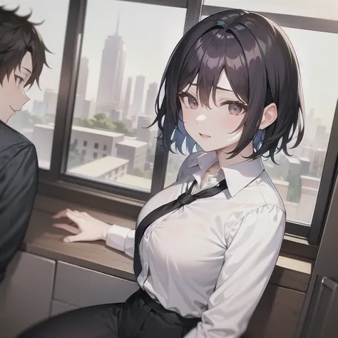 masterpiece, best quality, 1girl, solo, mature female, milf, motherly, tomboy, straight hair, short hair, dark hair, dark eyes, (collared shirt, white shirt, necktie, black tie, black pants), office, d:, sitting, looking at viewer