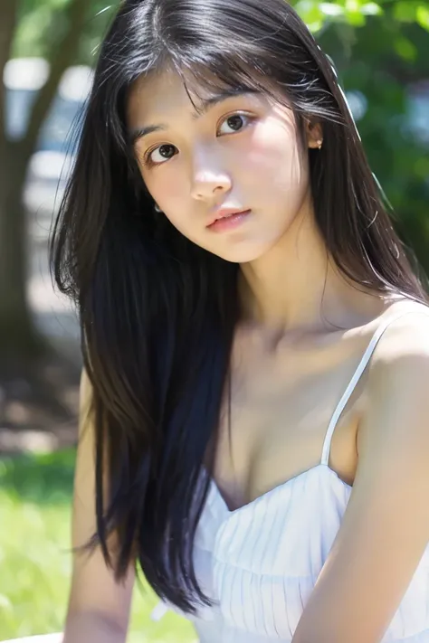 early summer、Two beautiful girls、sixteen years old、serious facial expression、Black hair straight long hair、White summer dress、