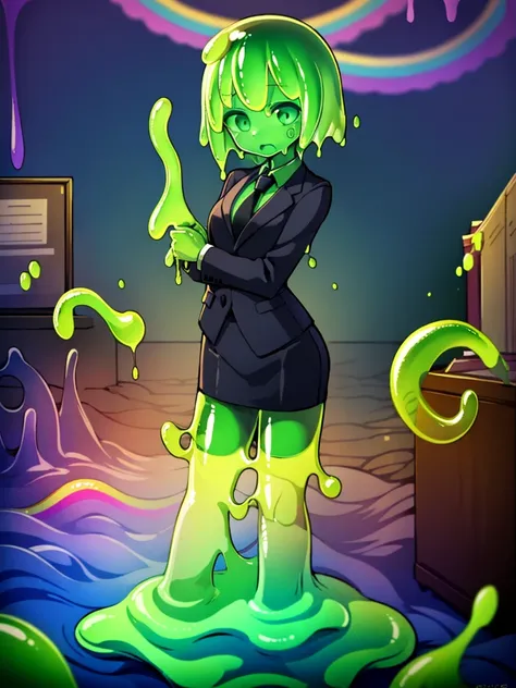 (slime girl, masculine face, short hair), {office background}, {{tie, shirt, slime business suit}}, horrified, {slime creature, rainbow slime, slime girl, slime transformation},