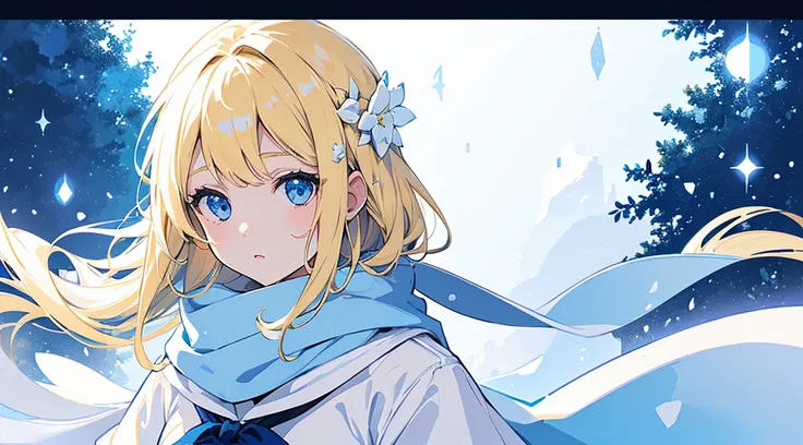 (1 girl, blonde hair, blue eyes, school uniform, white coat, blue scarf, kawaii), (snowing, blue moon, white flower field, clear air), (low contrast, flat color, limited palette)