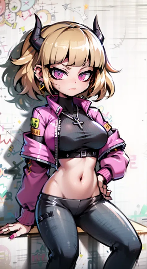 8K,Ultra Detail,ultra-quality,ultra precision,ultimate masterpiece,demon Girl,big boobs,big Thigh,bomber jacket,long leather pants,long twin tail(blond)(innercolor of pink),cool Graffiti on the wall,Cyber punk face mask,Theme of Cyber Punk,sitting cross le...