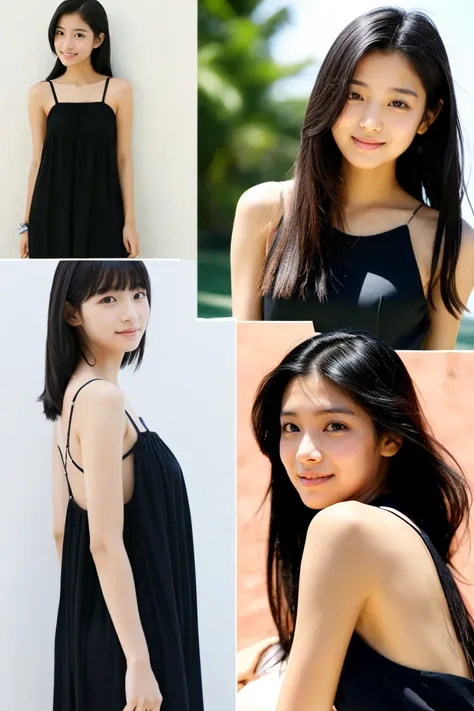 early summer、a beauty girl、14years、Black hair straight long hair、summer  dress、sandal、Looks Back、