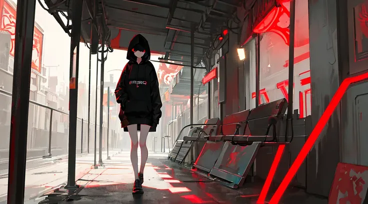 (a girl wearing a hood and a mask, big black hoodie, hands on hoodie, bare legs), (abandoned amusement park, late night, red moon), (low contrast, flat color, limited palette)