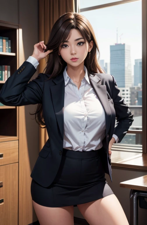 A Japanese girl she is standing in the classroom. She has brown hair and tight abdominal muscles. She puts her hands behind her back and opens her M-shaped legs. Shes wearing a business uniform. The library is in the background. Pay attention to the detail...