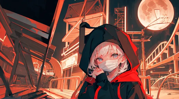 (a girl wearing a hood and a mask, big black hoodie, hands on hoodie, bare legs), (abandoned amusement park, late night, red moon), (low contrast, flat color, limited palette)