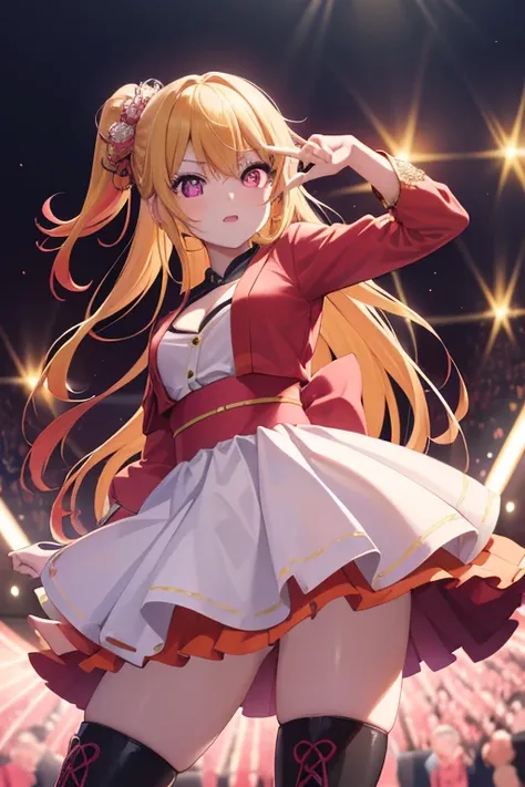 Ruby Hoshino, Hoshino Ruby, (Yellow hair:1.5), Long hair, One side up, (Pink eyes:1.5), side locks, (star-shaped pupils:1.5), (symbol-shaped pupils:1.5), (Mismatched pupils:1.5),Copy prompt prompt(Anime style:1.3), (Realistic, Photorealistic: 1.37), (masut...