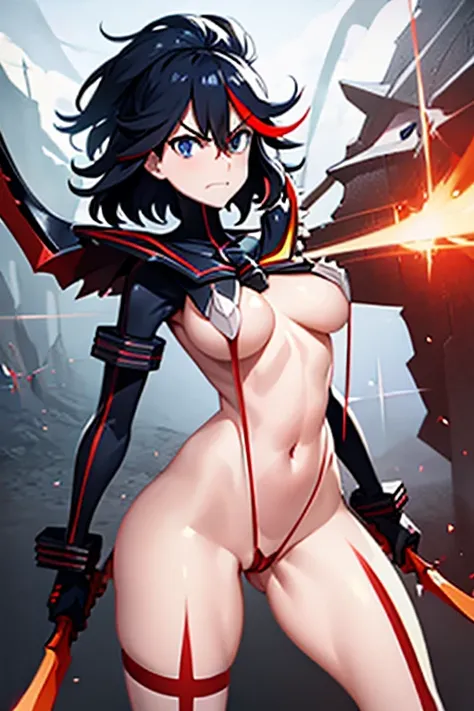 Ryuko Matoi von Kill La Kill, fast nackt mit knappen, revealing pieces of fabric and red, sharp straps, big boobs, , Titten,  Aktions-Pose