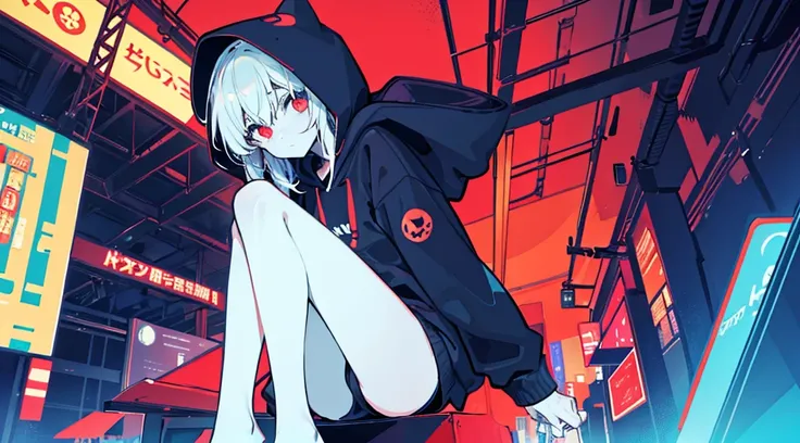 (a girl wearing a hood and a mask, big black hoodie, hands on hoodie, bare legs), (abandoned amusement park, late night, red moon), (low contrast, flat color, limited palette)