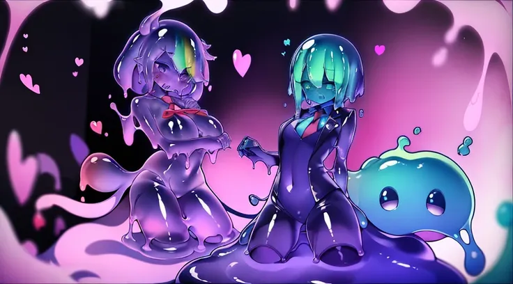 (slime girl, masculine face, short hair), {office background}, {{tie, shirt, slime business suit}}, horrified, {slime creature, rainbow slime, slime girl, slime transformation},