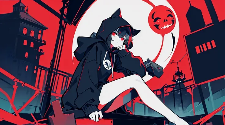 (a girl wearing a hood and a mask, big black hoodie, hands on hoodie, bare legs), (abandoned amusement park, late night, red moon), (low contrast, flat color, limited palette)