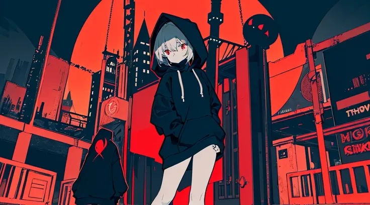 (a girl wearing a hood and a mask, big black hoodie, hands on hoodie, bare legs), (abandoned amusement park, late night, red moon), (low contrast, flat color, limited palette)