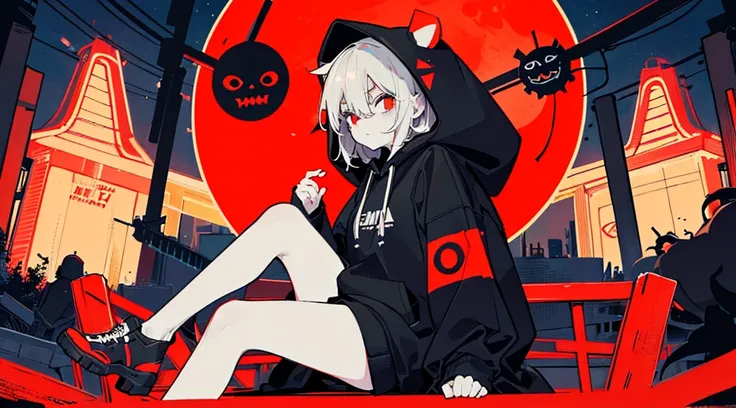 (a girl wearing a hood and a mask, big black hoodie, hands on hoodie, bare legs), (abandoned amusement park, late night, red moon), (low contrast, flat color, limited palette)