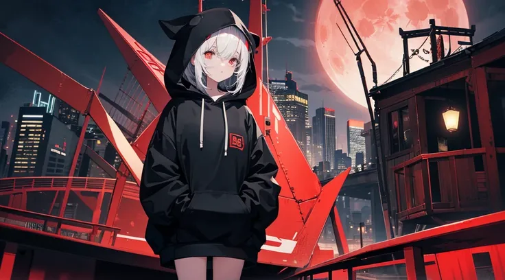 (a girl wearing a hood and a mask, big black hoodie, hands on hoodie, bare legs), (abandoned amusement park, late night, red moon), (low contrast, flat color, limited palette)