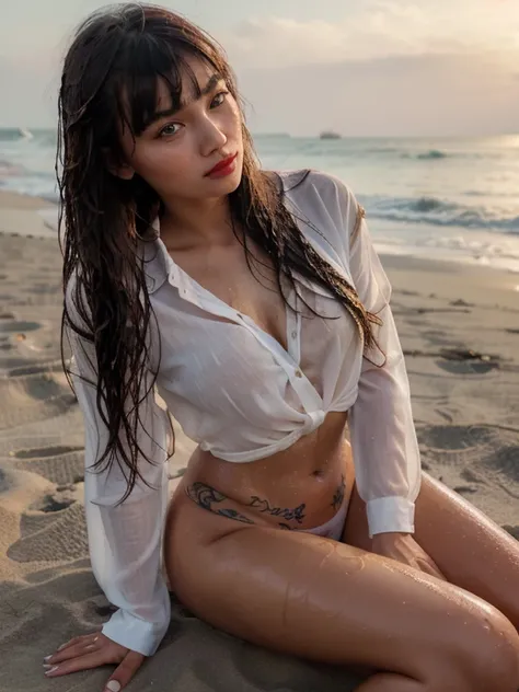 beautiful girl, Half Thai-Russian face. The hands and feet are beautifully detailed.. Wear a large, thin, long-sleeved shirt to the beach., She has tan skin., long-haired, bangs, And put red lipstick on her lips. He has tattoos all over his body., His body...