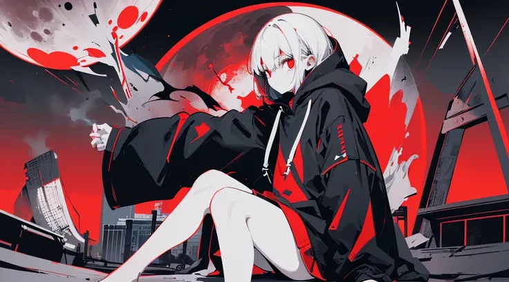 (a girl wearing a hood and a mask, big black hoodie, hands on hoodie, bare legs), (abandoned amusement park, late night, red moon), (low contrast, flat color, limited palette)