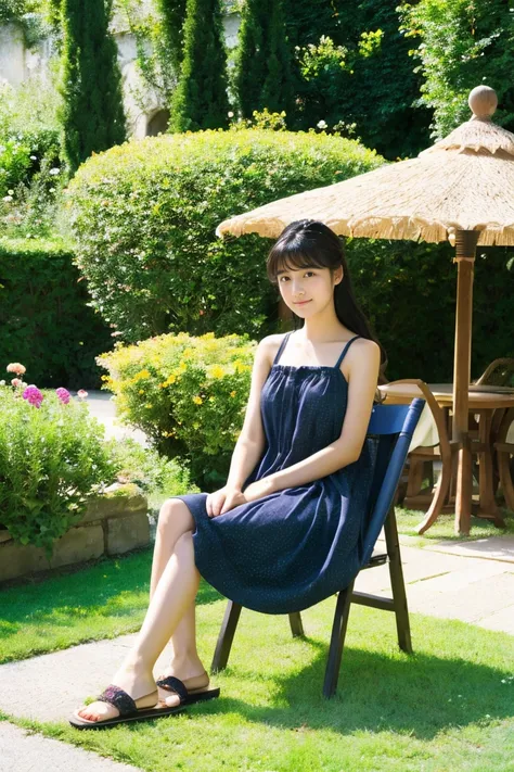 early summer、a beauty girl、18year old、japanes、A dark-haired、slightly sleepy look、color summer dress、sandal、Leprechaun、Provence region、Garden chair、