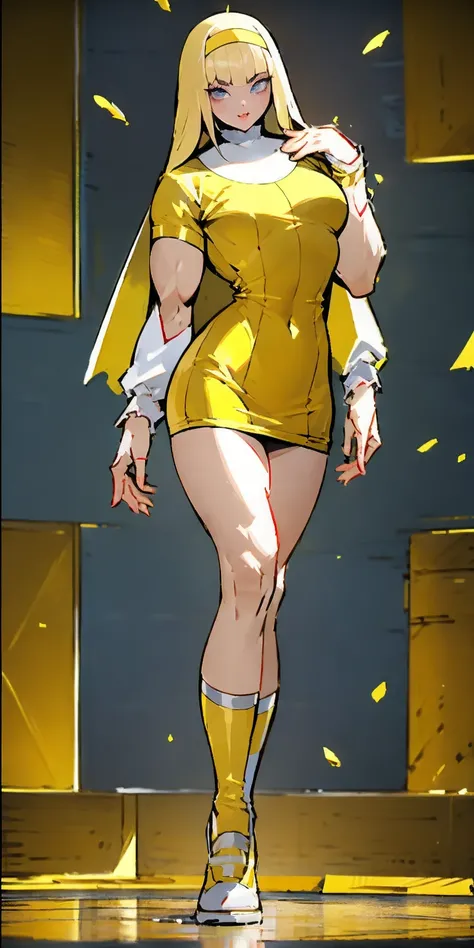 (Best quality, 4k, Masterpiece :1.3), full body standing symmetrical beautiful woman, hyper realistic, 1girl, nun outfit, yellow sunglasses, muscular turned arms behind body