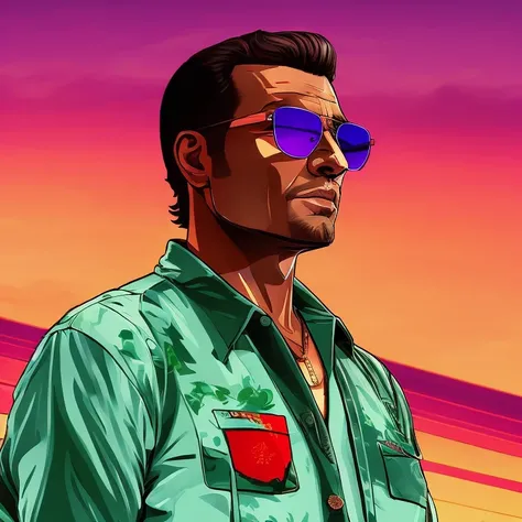 Close-up of a man wearing sunglasses and a shirt, Art in the style of GTA Vice City, Art style of GTA Vice City, Art style of GTA, Art GTA, Стиль обложек GTA V, Surpass the art style, Colorful cinematography, Артстиль GTA, Vice City, 2D cover of the GTA ga...