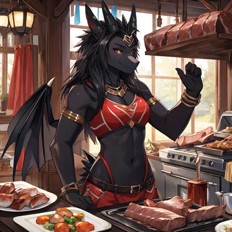 A black dragon，teens girl，Meat balls，raised his hand，Detailed character details