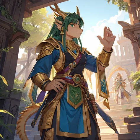 a golden dragon，teens girl，Flesh，palla，raised his hand，Detailed character details，strong