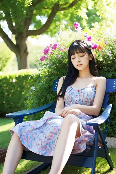 early summer、a beauty girl、17 age、japanes、A dark-haired、half-asleep expression、color summer dress、Provence region、Relax in a garden chair、