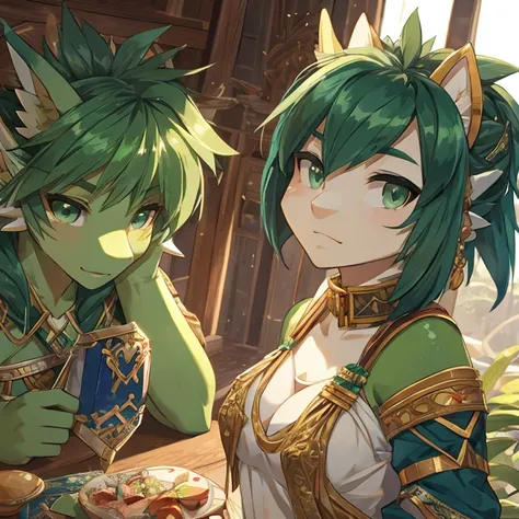 a green dragon，teens girl，palla，Detailed character details