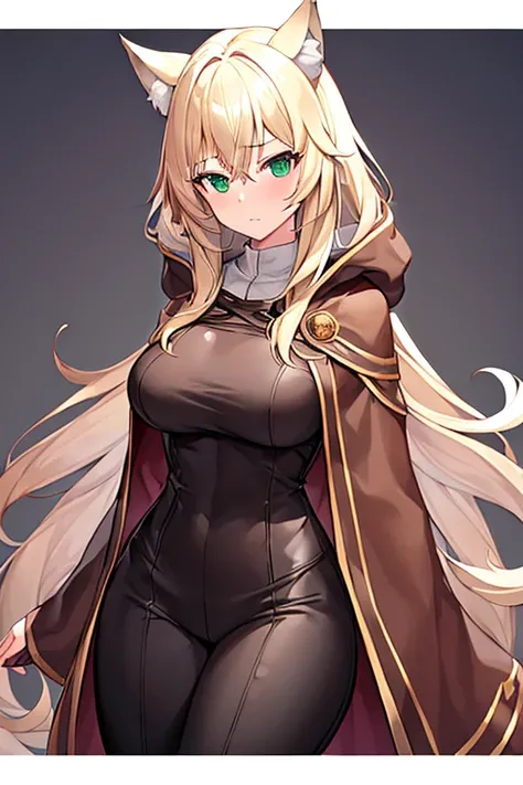 1girl, breasts, large breasts, wide hips, blonde hair, long hair, wolf ears, wolf tail, cloak, brown cloak, brown hood, hood, hood down, shirt, white shirt, white clothes, pants, black pants, green eyes, serious, simple clothes