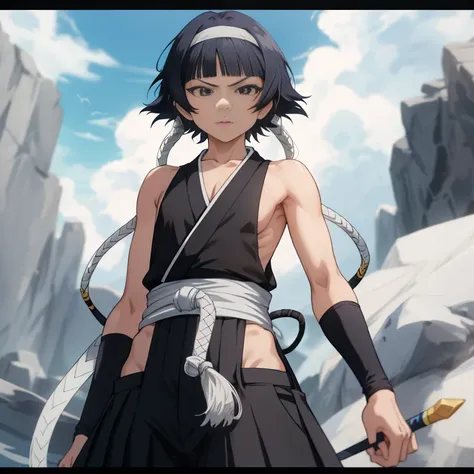 ( anime screen cap:1.1),outdoors, 
1girl in, solo, black hair, sideboob barbosa,standing, short hair with long locks, hip vent, ...