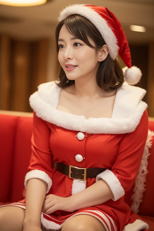 masseter film, quality, masutepiece, hight resolution, 真实感, OriginalPhotographs, 8k wallpaper, flawless perfection, profetional lighting, Very detailed, depth of fields, ((Beautuful Women)), ((30 year old sexy woman)), (In the hotel lobby), ((Santa Claus C...