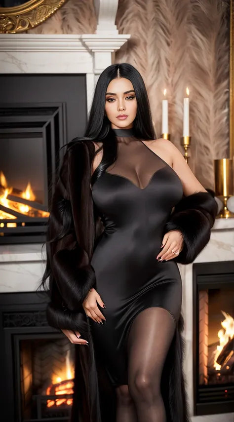 Realistic full body Incredible stuning woman in her 20s, (perfect face), defined jawline, beautiful glowing eyes, beautiful lips, (long black hair, hair curve), (perfect anatomy), (hourglass body), (wearing only fur coat), (perfect hands), looking at viewe...