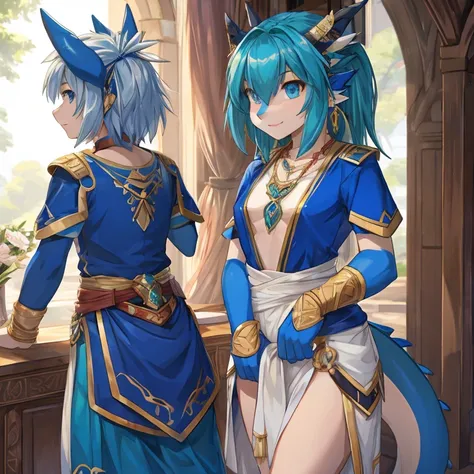 a blue dragon，teens girl，palla，Detailed character details