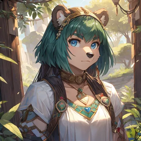 A bear man，teens girl，strong，palla，Detailed character details