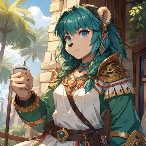 A bear man，teens girl，strong，palla，Detailed character details