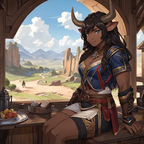 a minotaur，teens girl，Detailed character details，plateau，