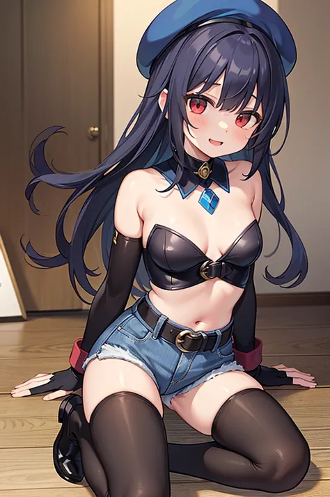 ​masterpiece, top-quality, Highly detailed, masutepiece, 1 woman, Lori, Red eyes, Happy expression, Dark blue hair, Longhaire, Brown pantyhose that reach above the navel, Cute legs, High neck belly button innerwear, Denim shorts with cuffs, Ankle Boots, bl...