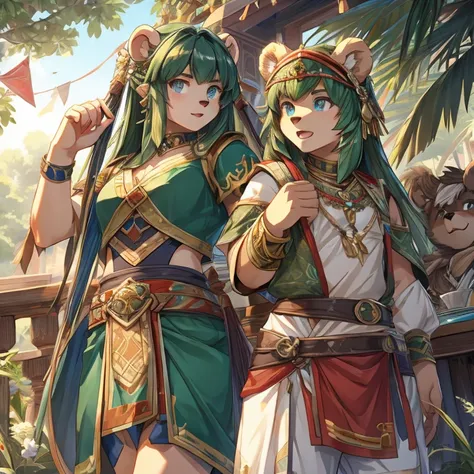 A bear man，teens girl，palla，Detailed character details