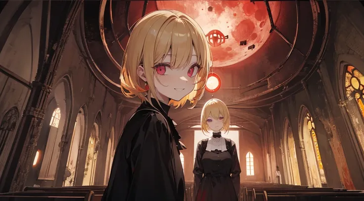 (sister, blonde hair, creepy smile), (abandoned church, red moon)