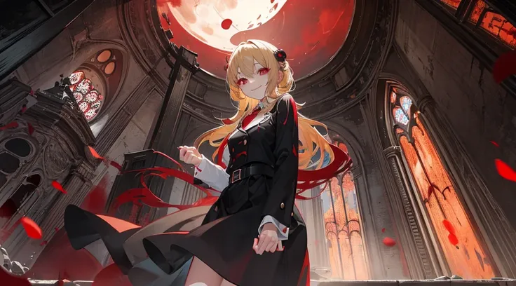 (sister, blonde hair, red eyes, creepy smile), (abandoned church, red moon)