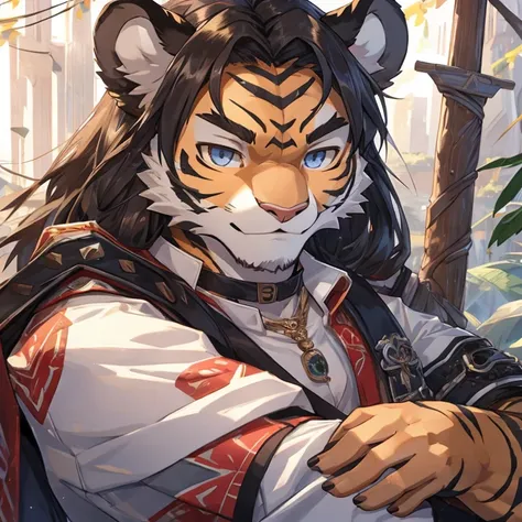 A tiger man，teens girl，white colors，Detailed character details