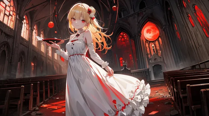 (sister, blonde hair, red eyes, frock, creepy smile), (abandoned church, collapsed ceiling, red moon)