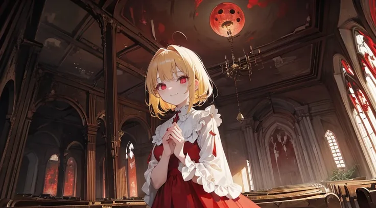 (sister, blonde hair, red eyes, frock, creepy smile), (abandoned church, collapsed ceiling, red moon)