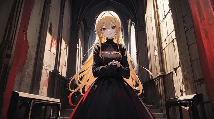 (sister, blonde hair, red eyes, black frock, creepy smile), (abandoned church)